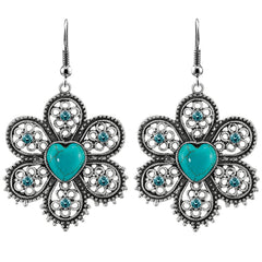 Turquoise & Cubic Zirconia Silver-Plated Heart Flower Drop Earrings