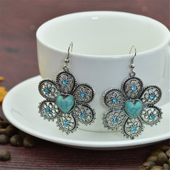 Turquoise & Cubic Zirconia Silver-Plated Heart Flower Drop Earrings