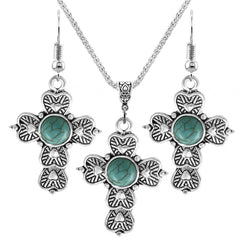 Turquoise & Silver-Plated Heart Cross Earrings & Pendant Necklace
