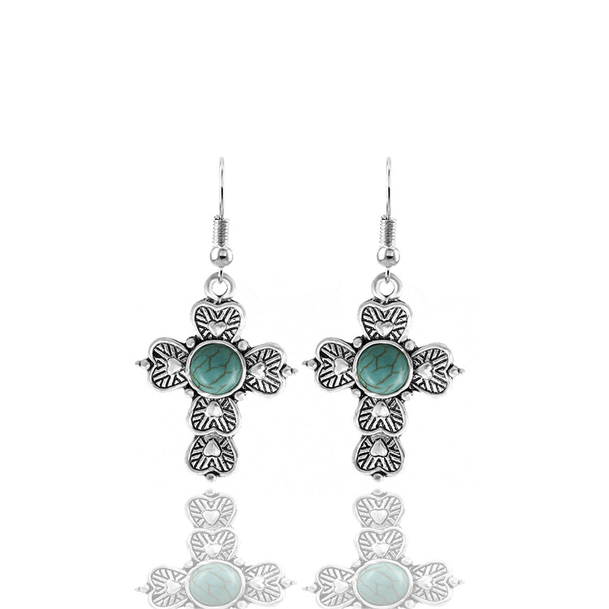 Turquoise & Silver-Plated Heart Cross Earrings & Pendant Necklace