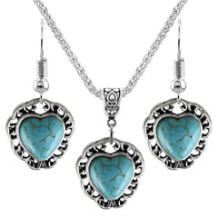 Turquoise & Silver-Plated Heart Earrings & Pendant Necklace