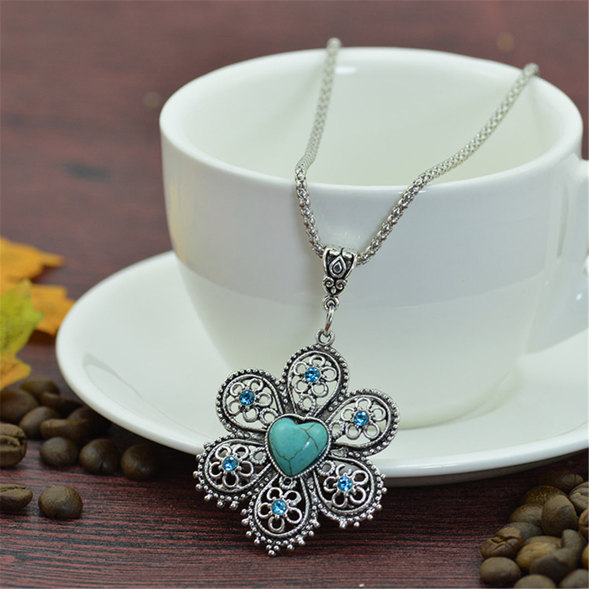 Turquoise & Silver-Plated Heart Flower Pendant Necklace