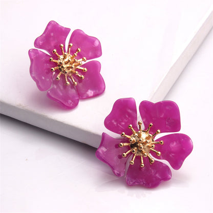 Rose Acrylic and 18K Gold-Plated Flower Stud Earrings, gold stud earrings for women, elegant gift for her, front view