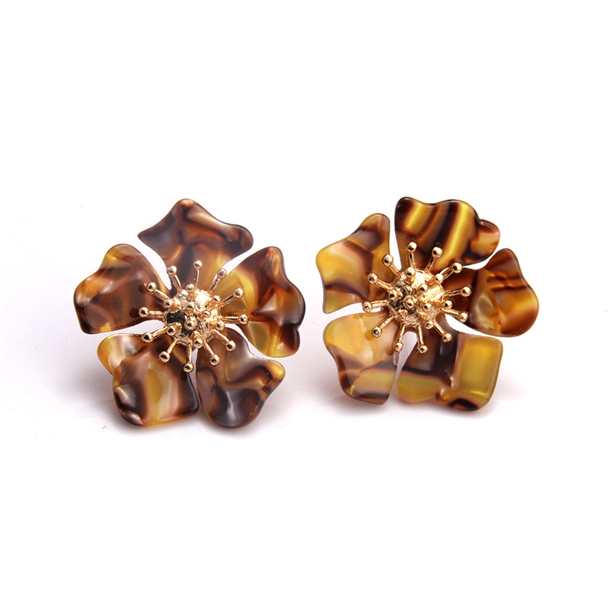 Yellow Acrylic and 18K Gold-Plated Flower Stud Earrings, gold stud earrings for women, dainty minimalist design, front view