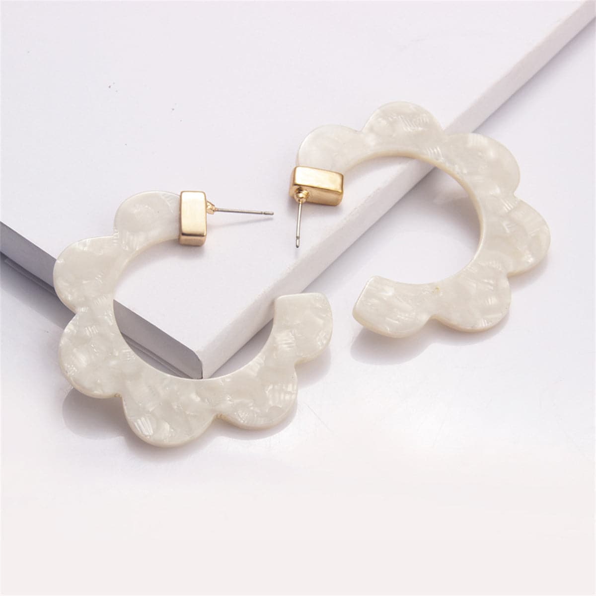 White Acrylic & 18K Gold-Plated Marbled Scallop Huggie Earrings