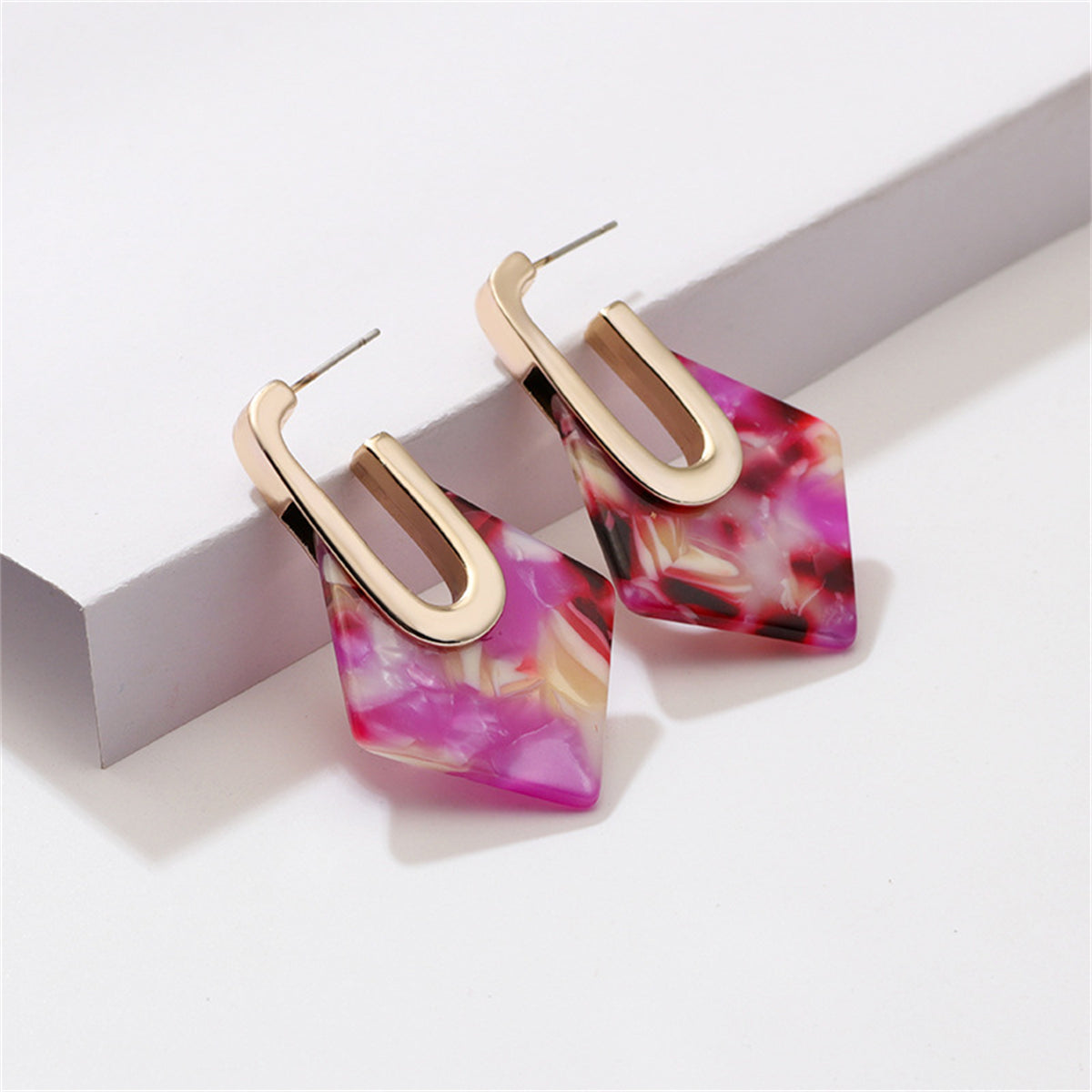 Purple and 18K Gold-Plated Marbled Geometric Huggie Earrings, gold huggie earrings, elegant gift for her, front view