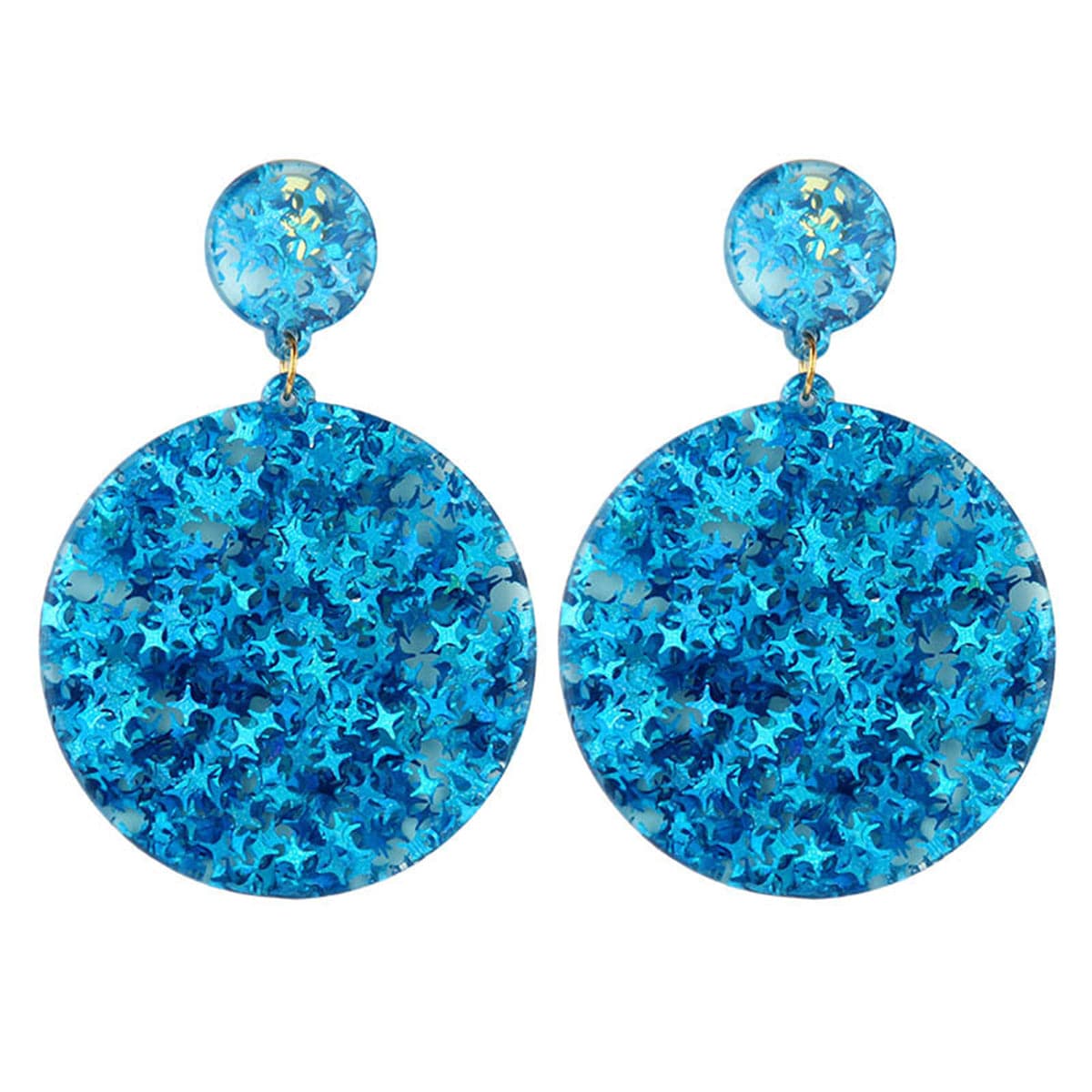 Blue Resin Stars Round Disc Earrings, drop earrings for women, dainty minimalist design, front view