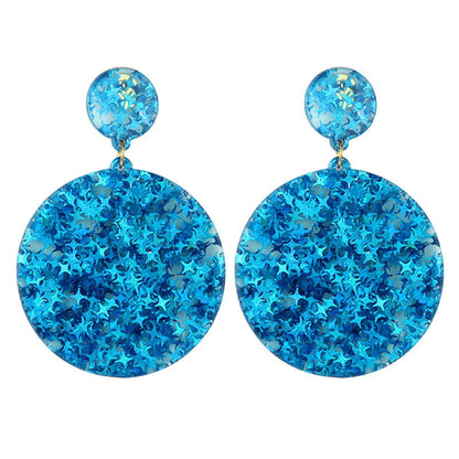 Blue Resin Stars Round Disc Earrings, drop earrings for women, dainty minimalist design, front view