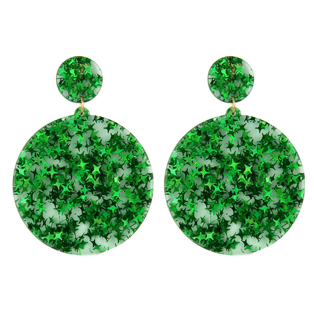 Green Resin Stars Round Disc Earrings