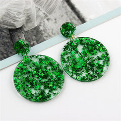 Green Resin Stars Round Disc Earrings