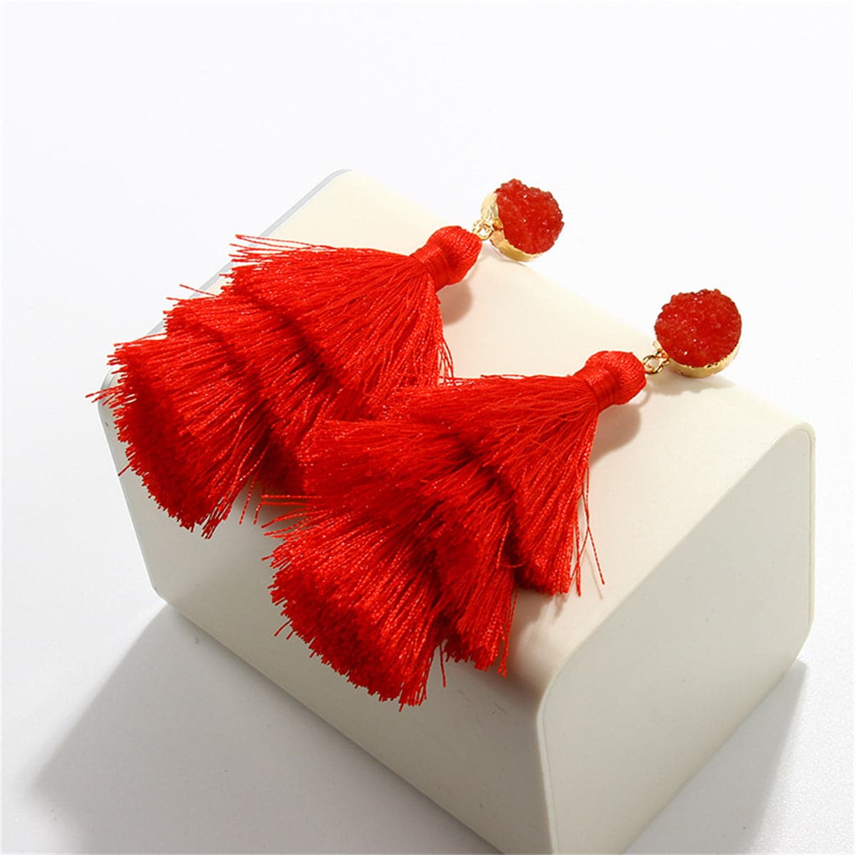 Red Tri-Layered Tassel Drop Earrings, drop earrings for women, elegant gift for her, detail close-up