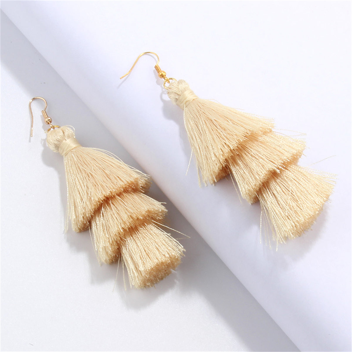 Beige & 18K Gold-Plated Layered Tassel Drop Earrings