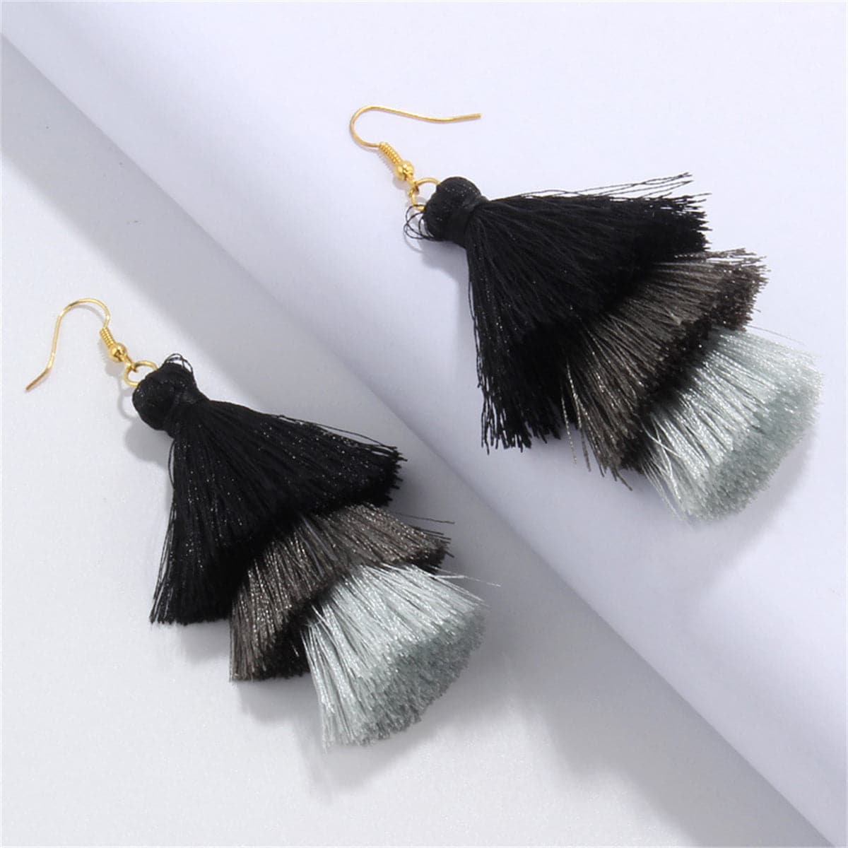 Black and Gray Tiered Tassel Drop Earrings, drop earrings for women, everyday style, front view