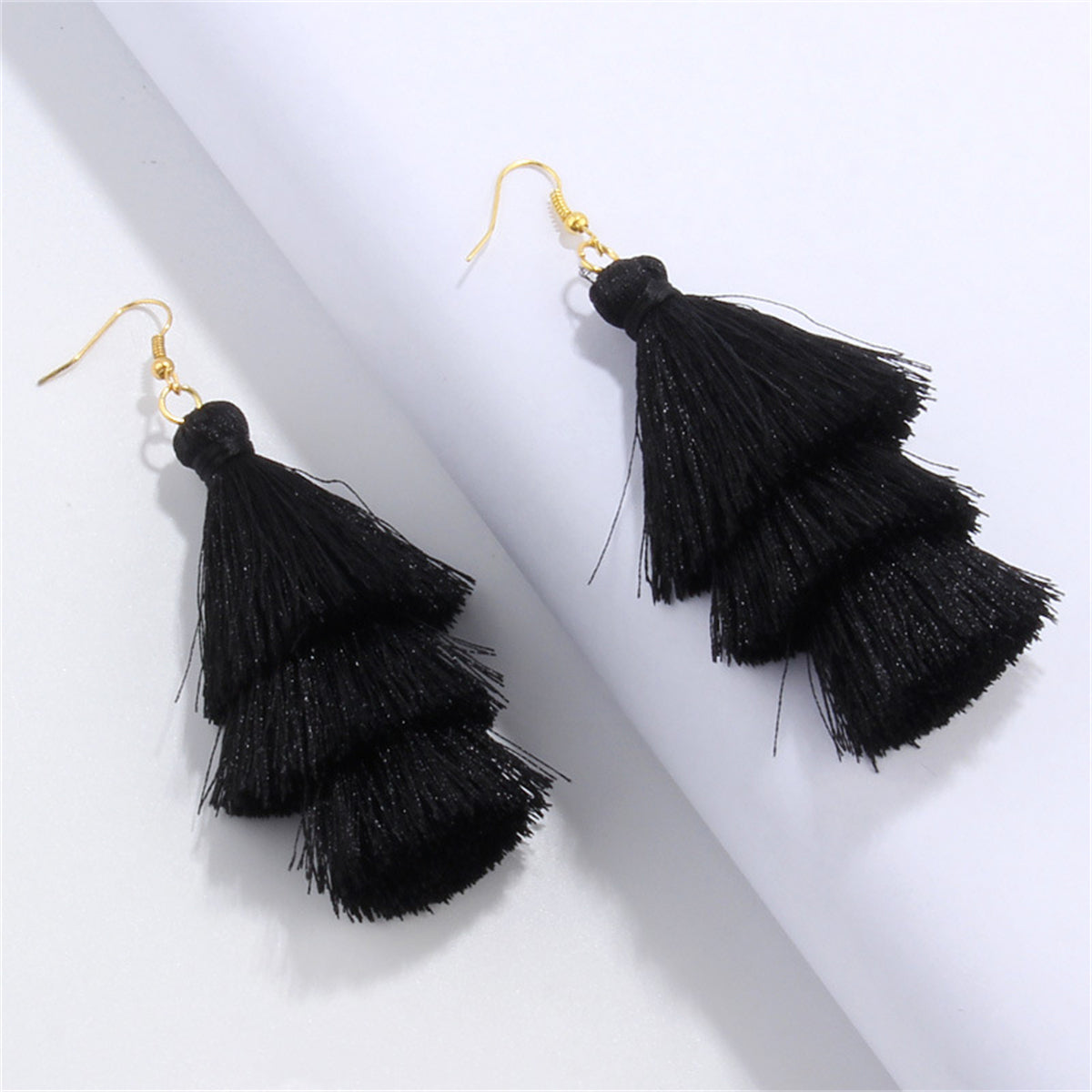 Black Polyster and 18K Gold-Plated Layered Tassel Drop Earrings, gold drop earrings for women, botanical inspired, front view