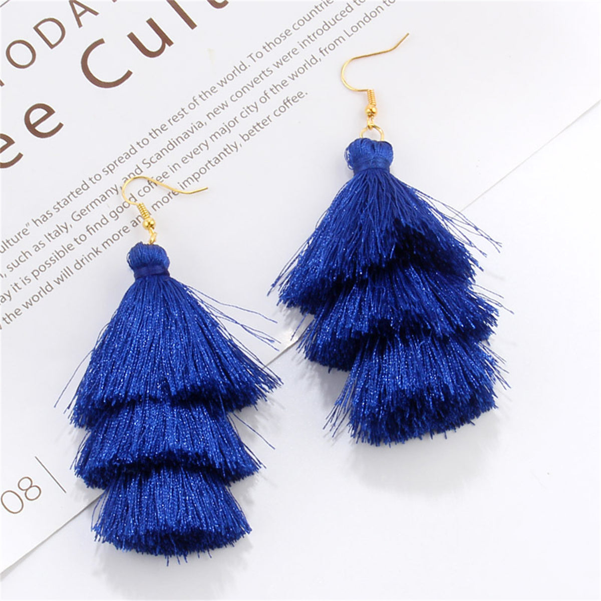 Navy Polyster and 18K Gold-Plated Tiered Tassel Drop Earrings, gold drop earrings for women, front view