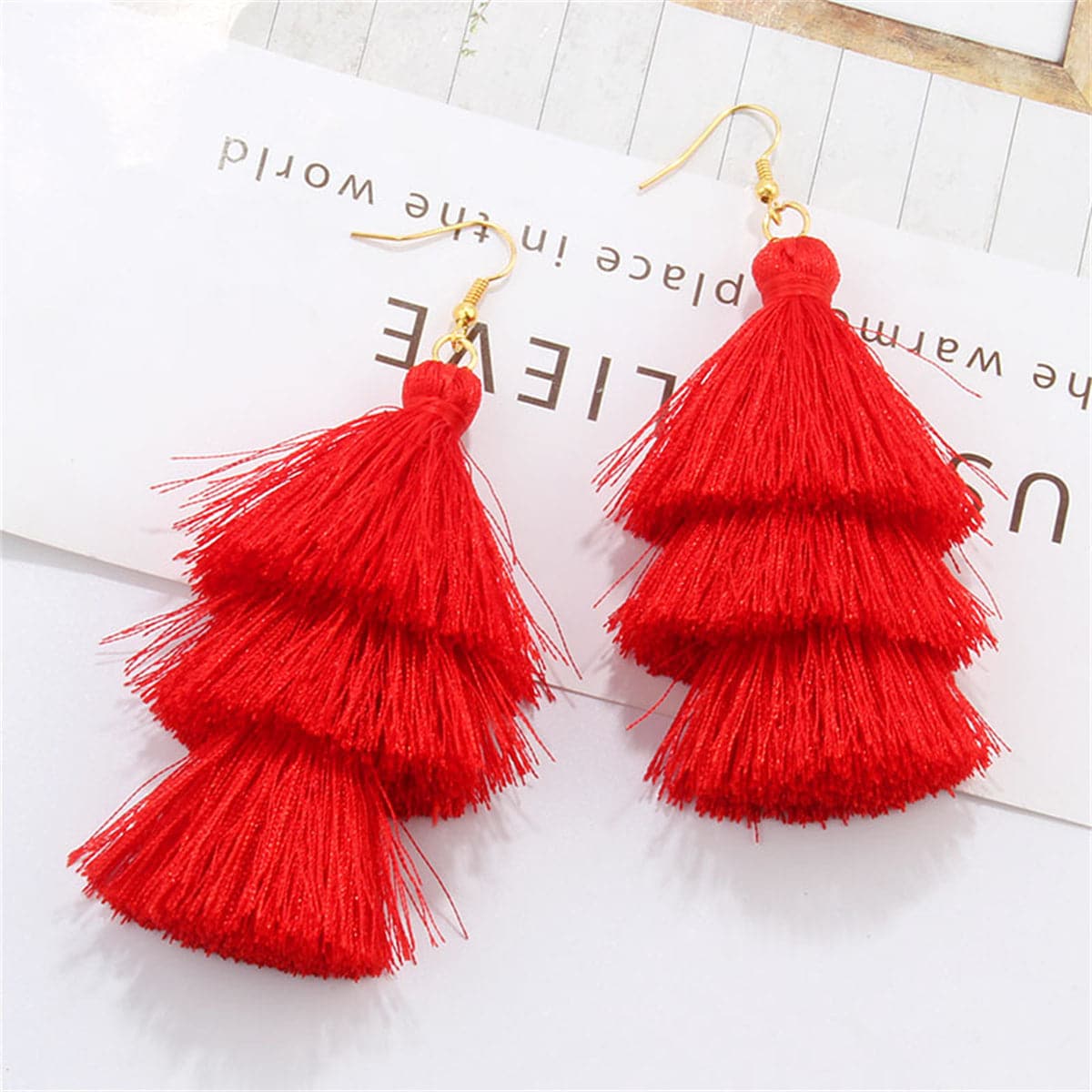 Red Polyster and 18K Gold-Plated Tiered Tassel Drop Earrings, gold drop earrings for women, botanical inspired, front view