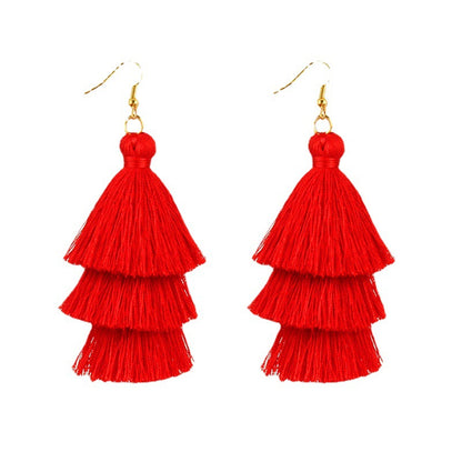 Red Polyster and 18K Gold-Plated Tiered Tassel Drop Earrings, gold drop earrings for women, botanical inspired, side view