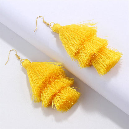 Yellow Polyster and 18K Gold-Plated Tiered Tassel Drop Earrings, gold drop earrings for women, front view