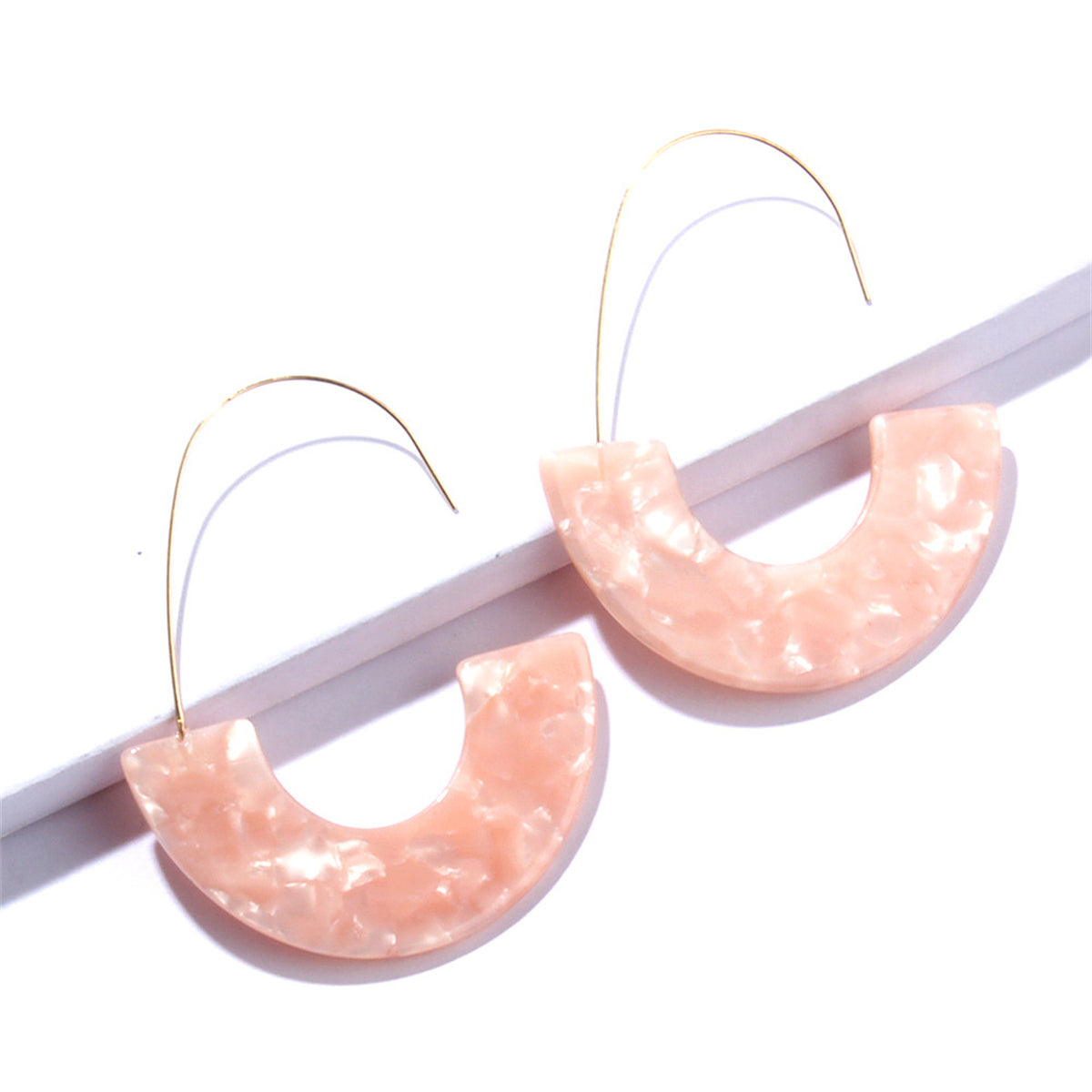 Pink Acrylic and 18K Gold-Plated Tortoise-Print Arc Huggie Earrings, gold huggie earrings, everyday style, front view