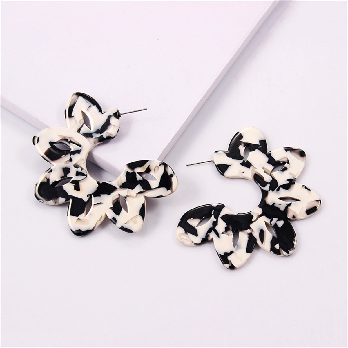 Black Acrylic & Silver-Plated Flower Huggie Earrings