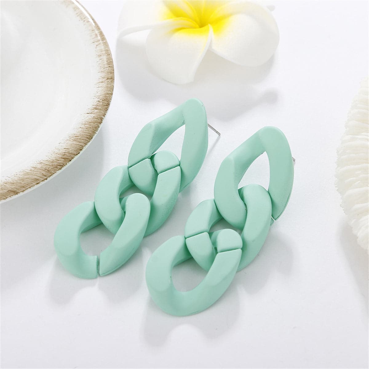 Mint Green Chunky Curb Chain Drop Earrings, drop earrings for women, vintage-inspired design, front view
