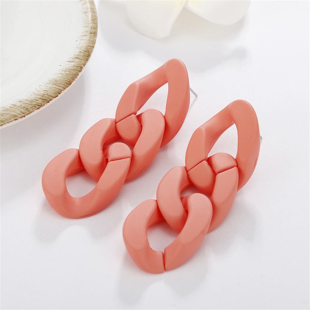 Orange Chunky Curb Chain Drop Earrings, drop earrings for women, vintage-inspired design, front view