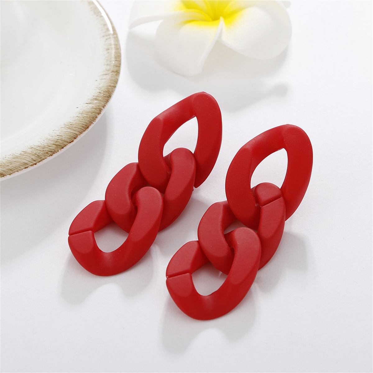 Red Chunky Curb Chain Drop Earrings, drop earrings for women, botanical inspired, front view