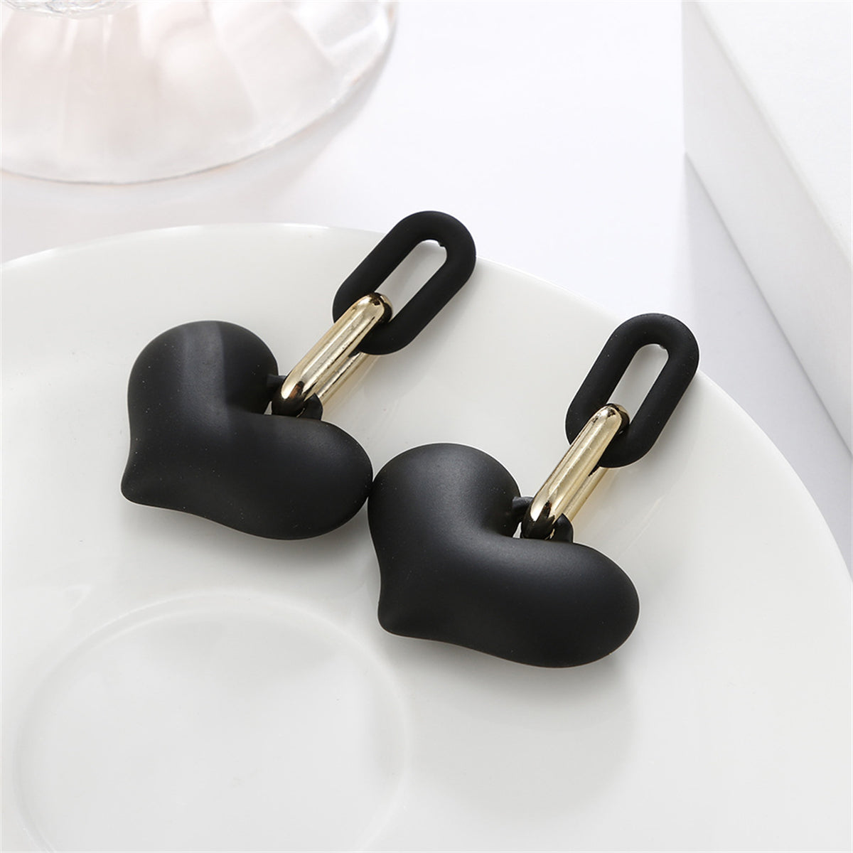 Black Acrylic & 18K Gold-Plated Heart Chain Link Drop Earrings