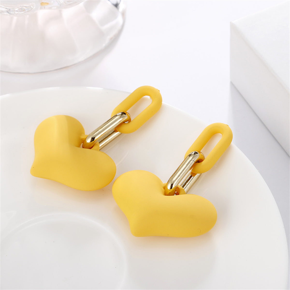 Yellow Enamel and 18K Gold-Plated Heart Paper Clip Drop Earrings, gold drop earrings for women, front view