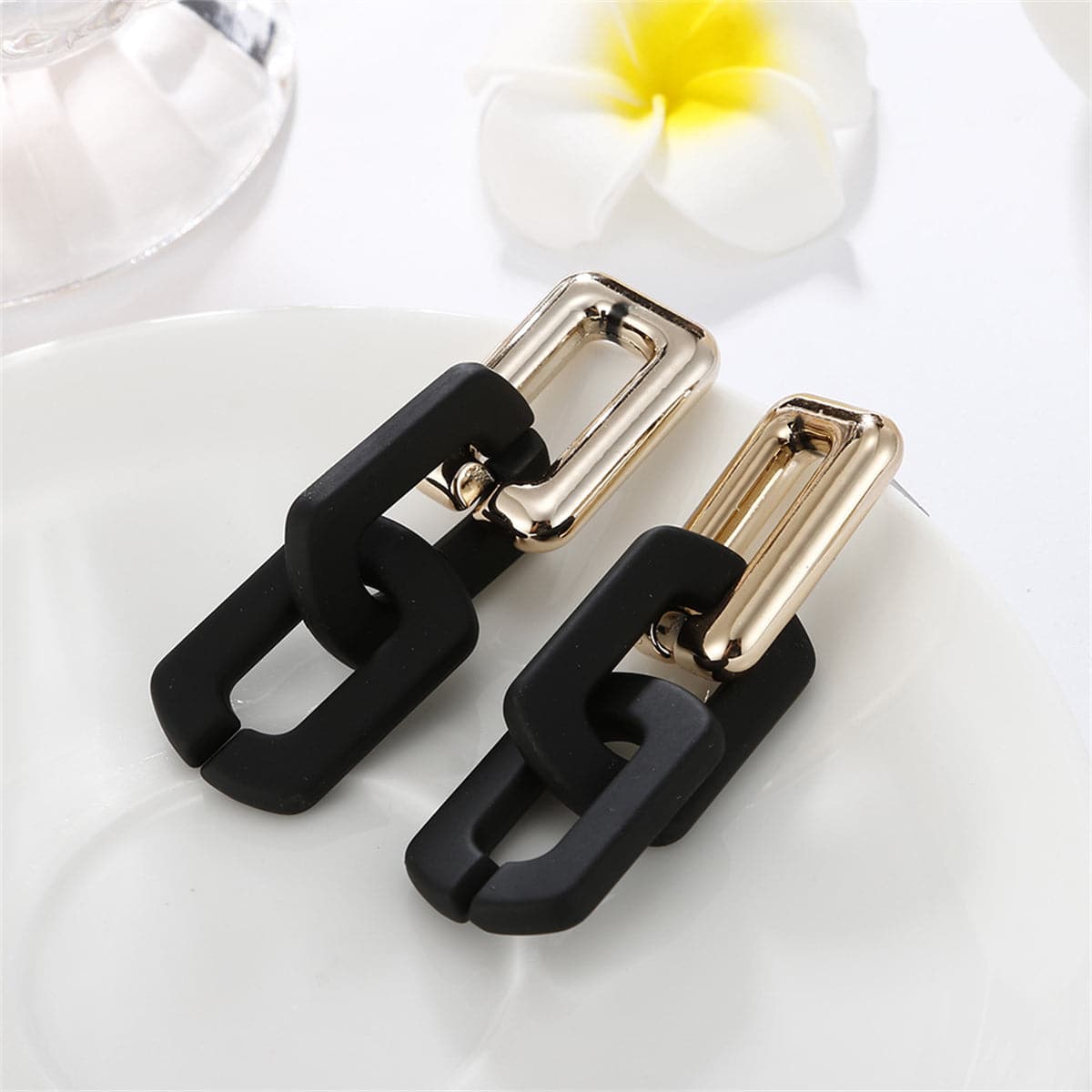 Black Acrylic and 18K Gold-Plated Cable Chain Drop Earrings, gold drop earrings for women, front view