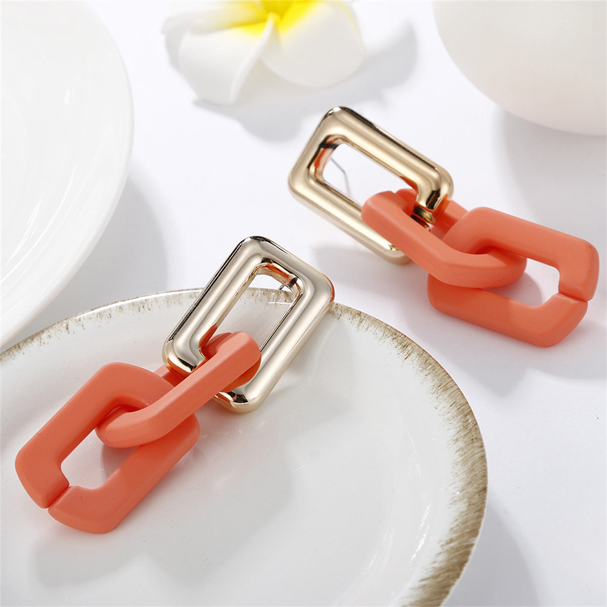 Orange Acrylic and 18K Gold-Plated Chain Link Earrings, gold drop earrings for women, everyday style, front view