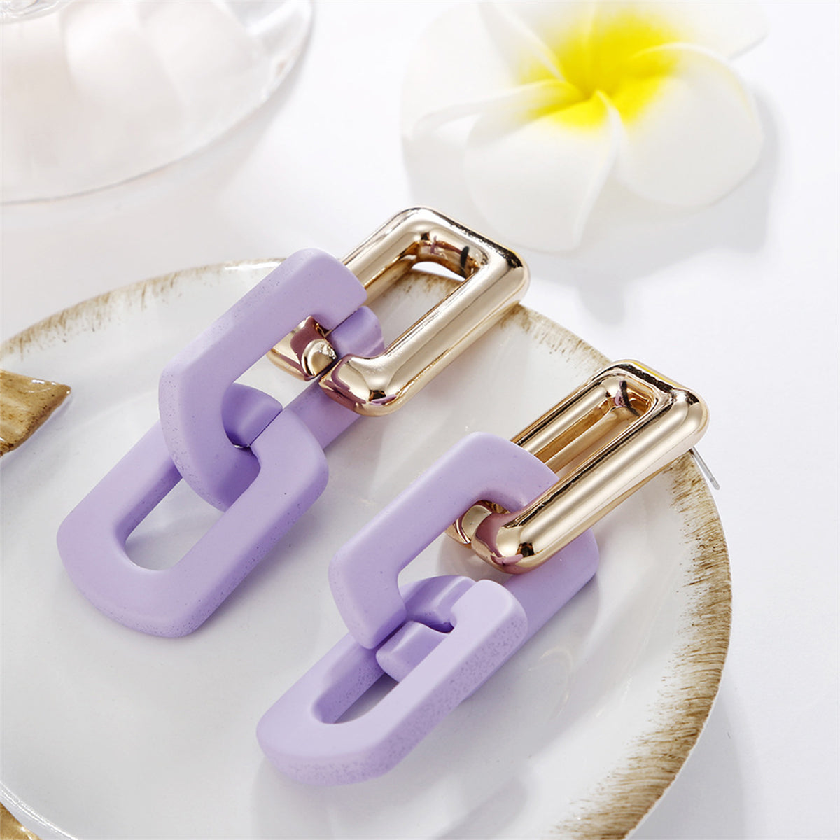 Purple Acrylic and 18K Gold-Plated Chain Link Earrings, gold drop earrings for women, vintage-inspired design, front view