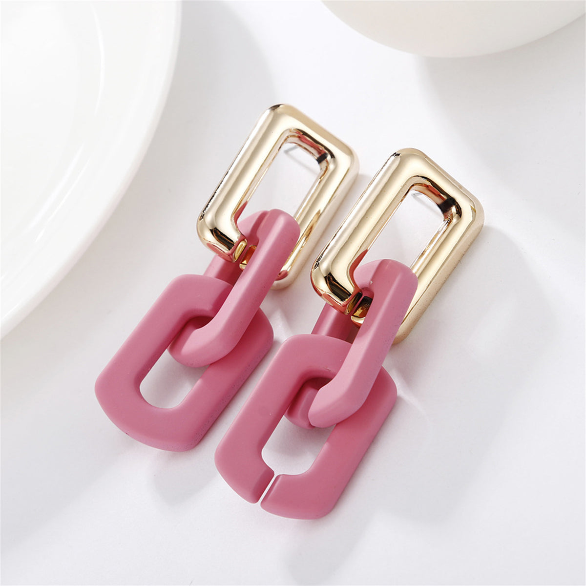 Rose Acrylic and 18K Gold-Plated Chunky Cable Chain Drop Earrings, gold drop earrings for women, front view