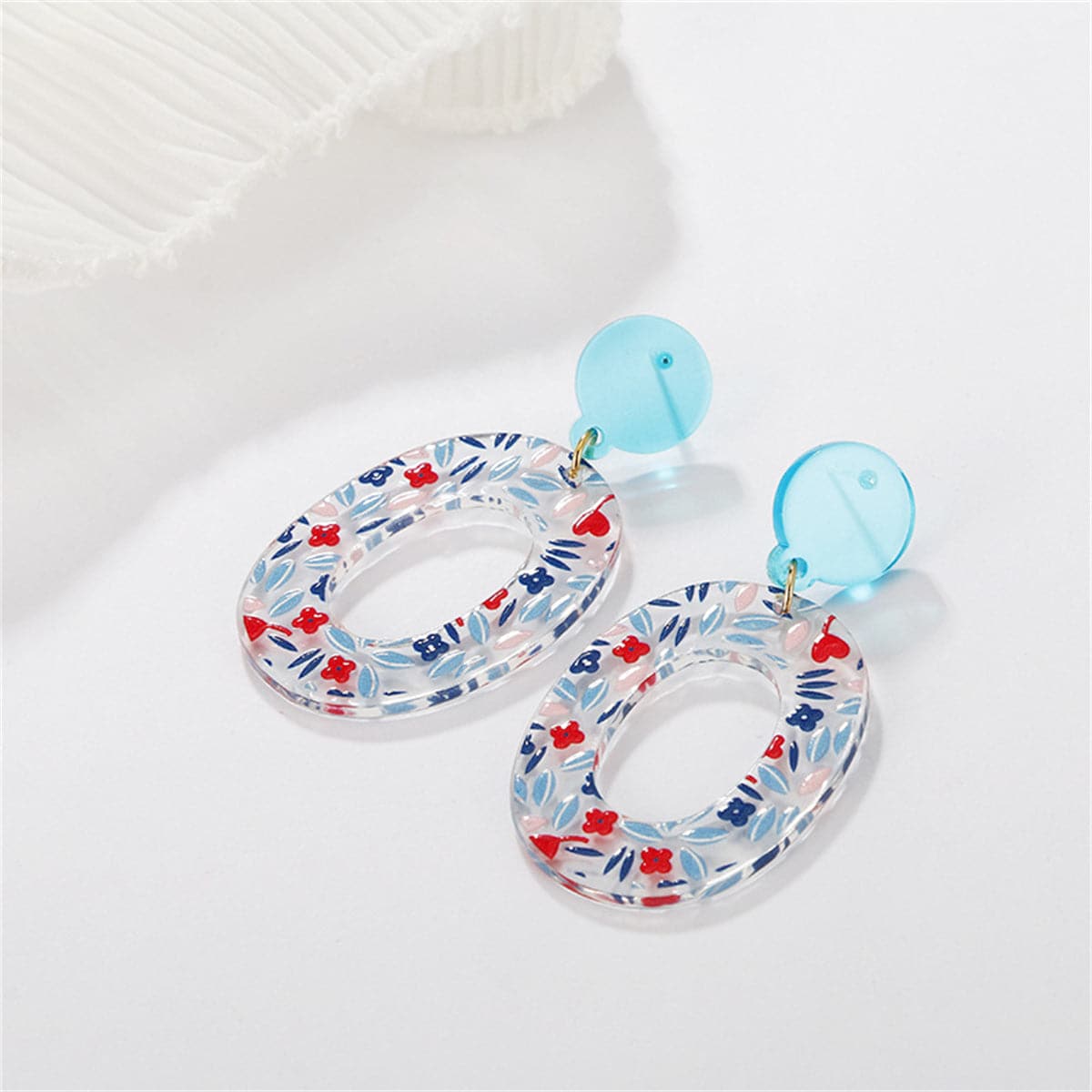 Blue & Red Acrylic Circular Floral Earrings