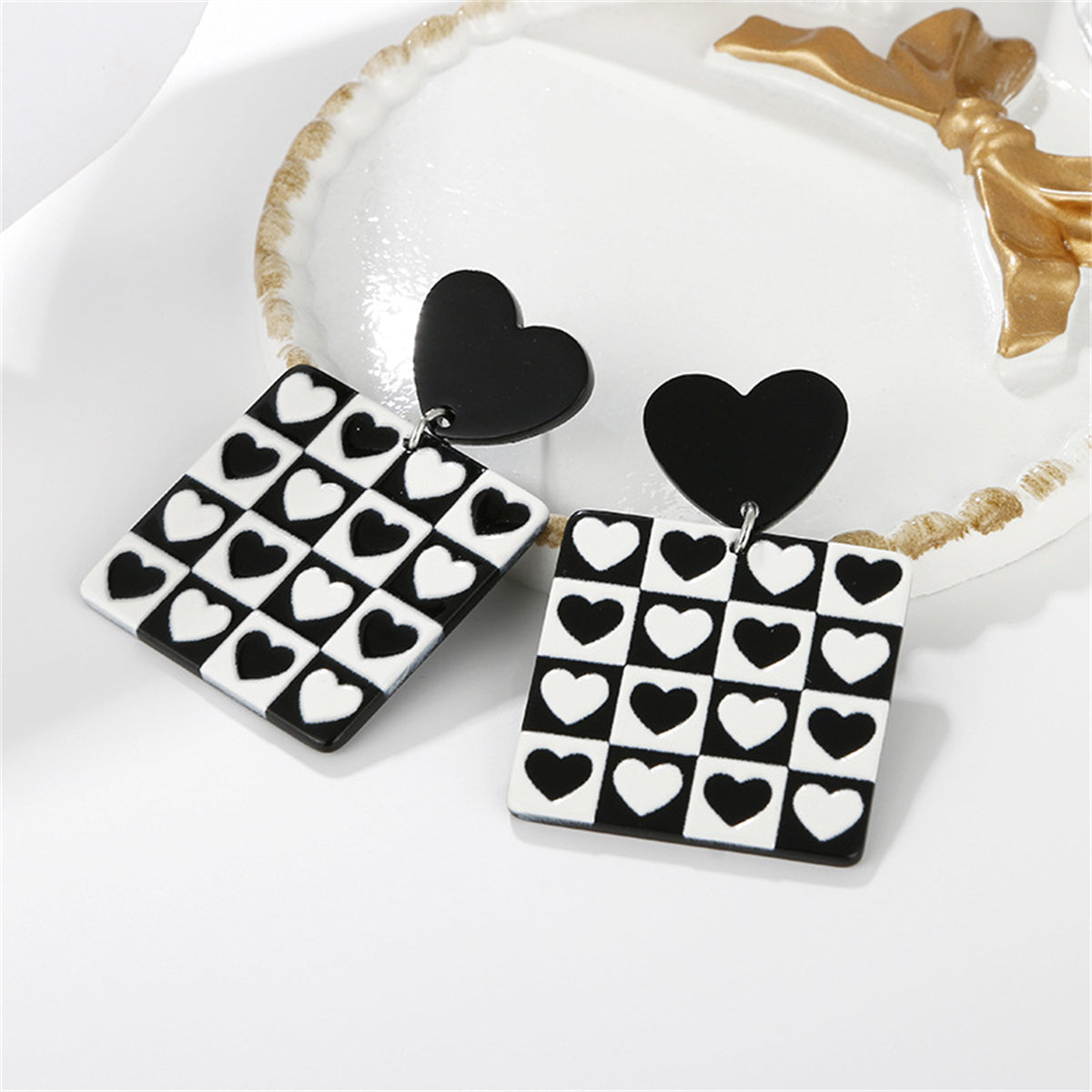 Black Acrylic Checkerboard Heart Earrings