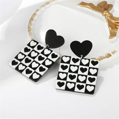 Black Acrylic Checkerboard Heart Earrings