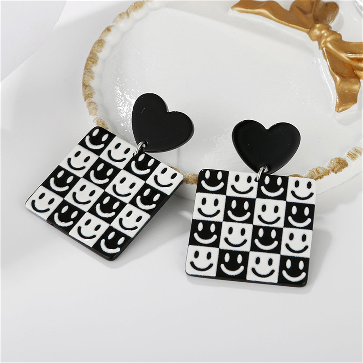 Black & White Heart Smiley Square Drop Earrings