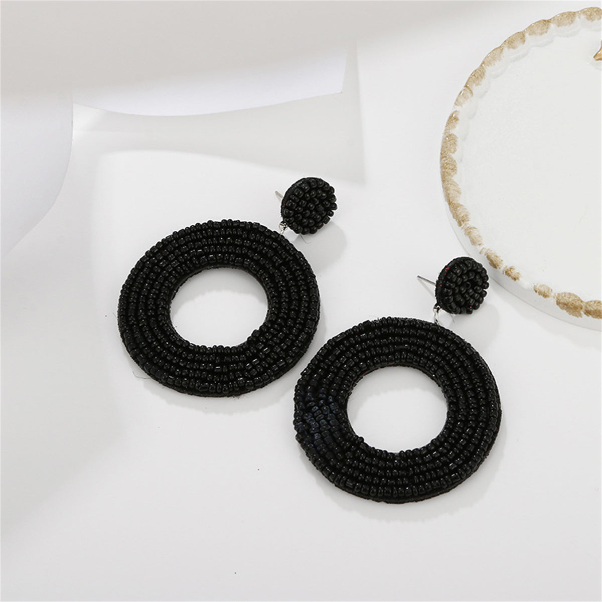 Black Howlite Beaded Open Circle Drop Earrings