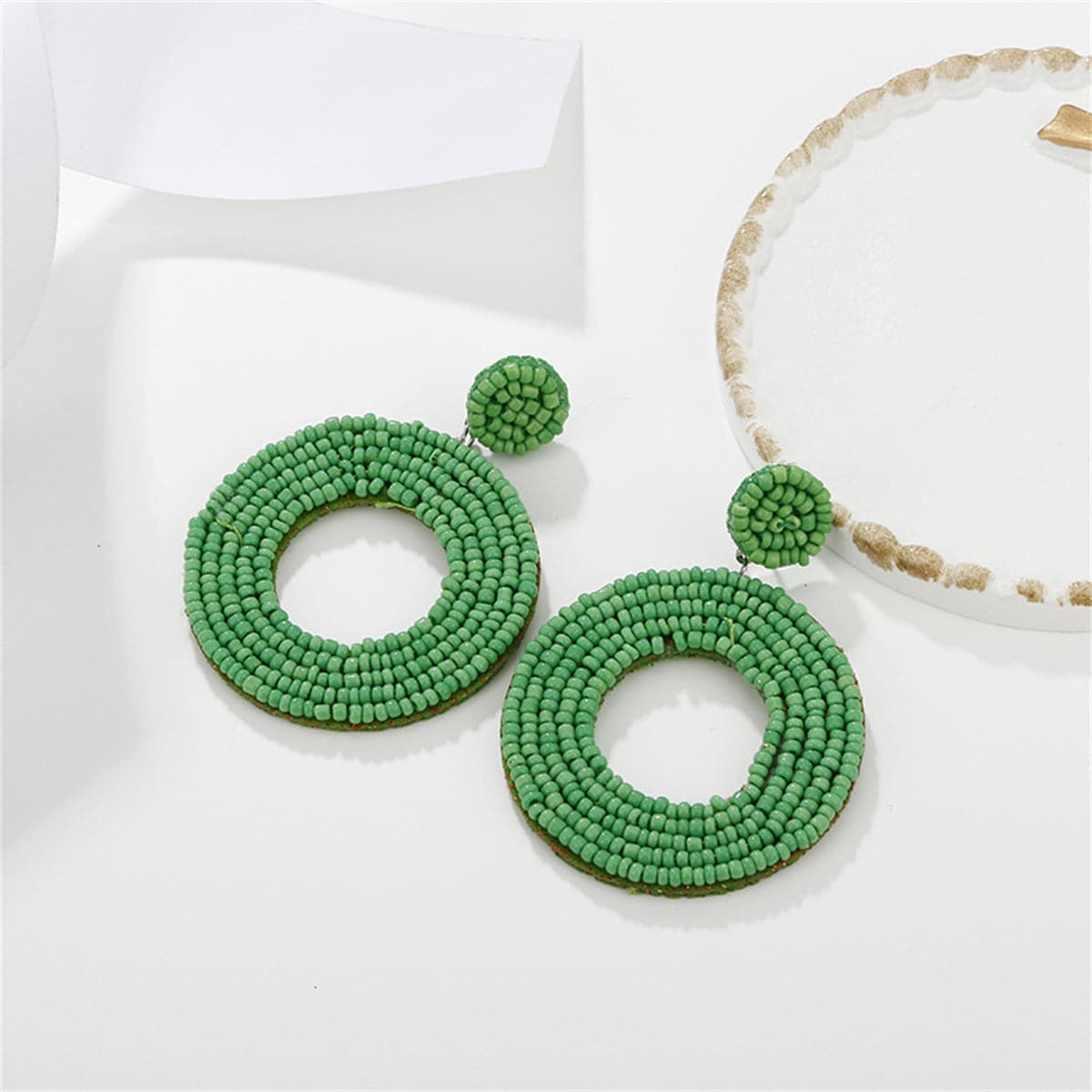 Green Howlite and Silver-Plated Round Drop Earrings, silver drop earrings for women, everyday style, front view