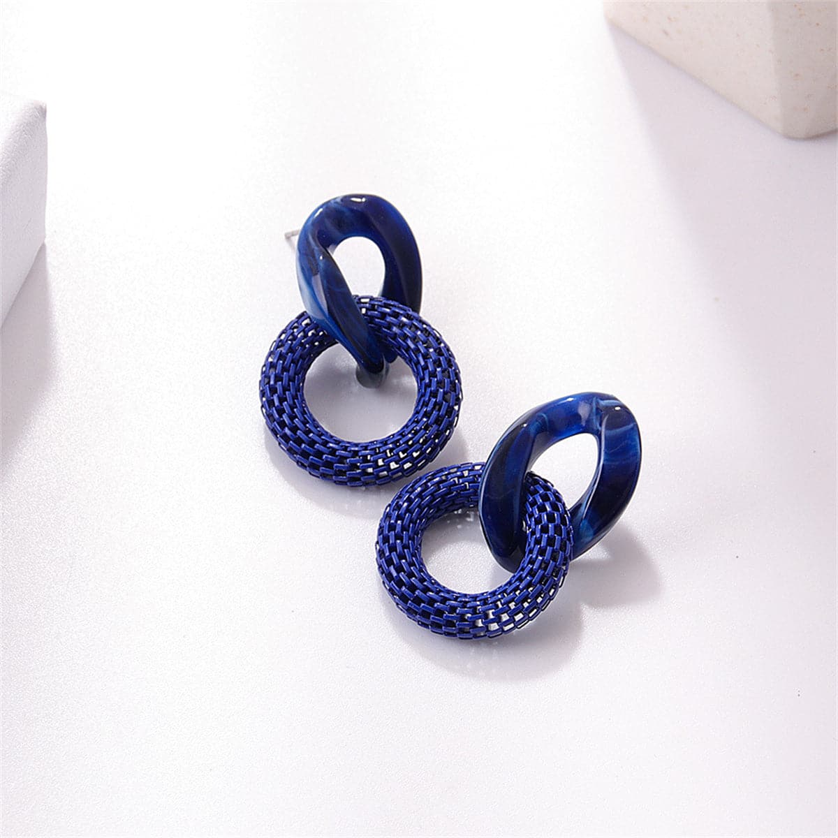 Blue Acrylic & Enamel Mesh Open Circle Drop Earrings