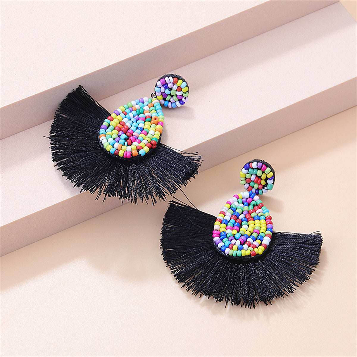 Multicolor Howlite and Black Polyster Fan Drop Earrings, drop earrings for women, botanical inspired, front view