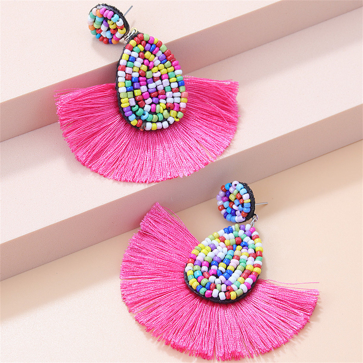 Rose and White Beaded Tassel Drop Earrings, drop earrings for women, botanical inspired, front view