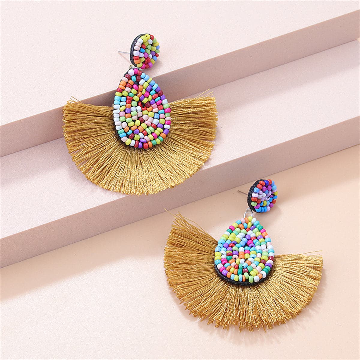 Yellow Tassel Fan Earrings, drop earrings for women, elegant gift for her, front view