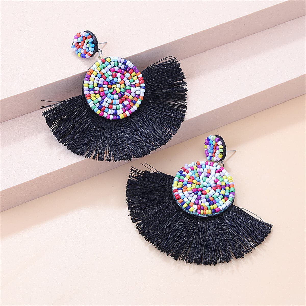 Black & Howlite Multicolor Fan Tassel Drop Earrings