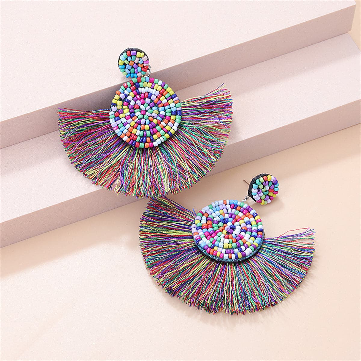 Blue Multicolor Synthetic Howlite Tassel Fan Drop Earrings