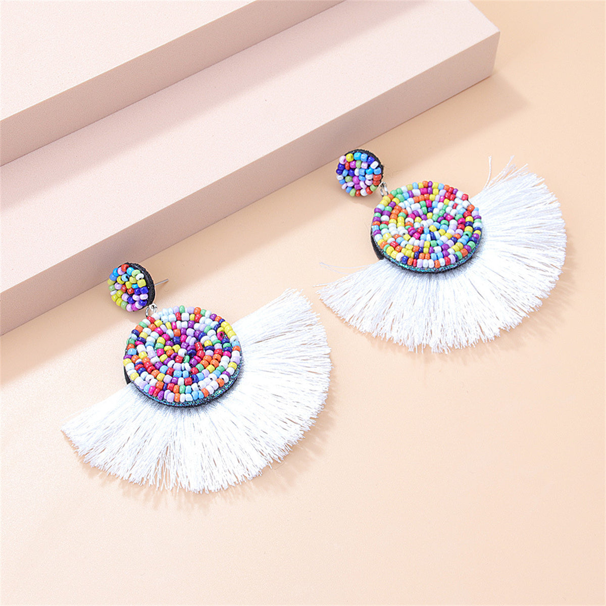 White Polyster & Howlite Fan Tassel Drop Earrings