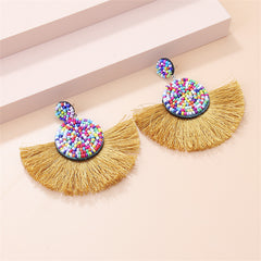 Blue & Yellow Beaded Fan Tassel Drop Earrings