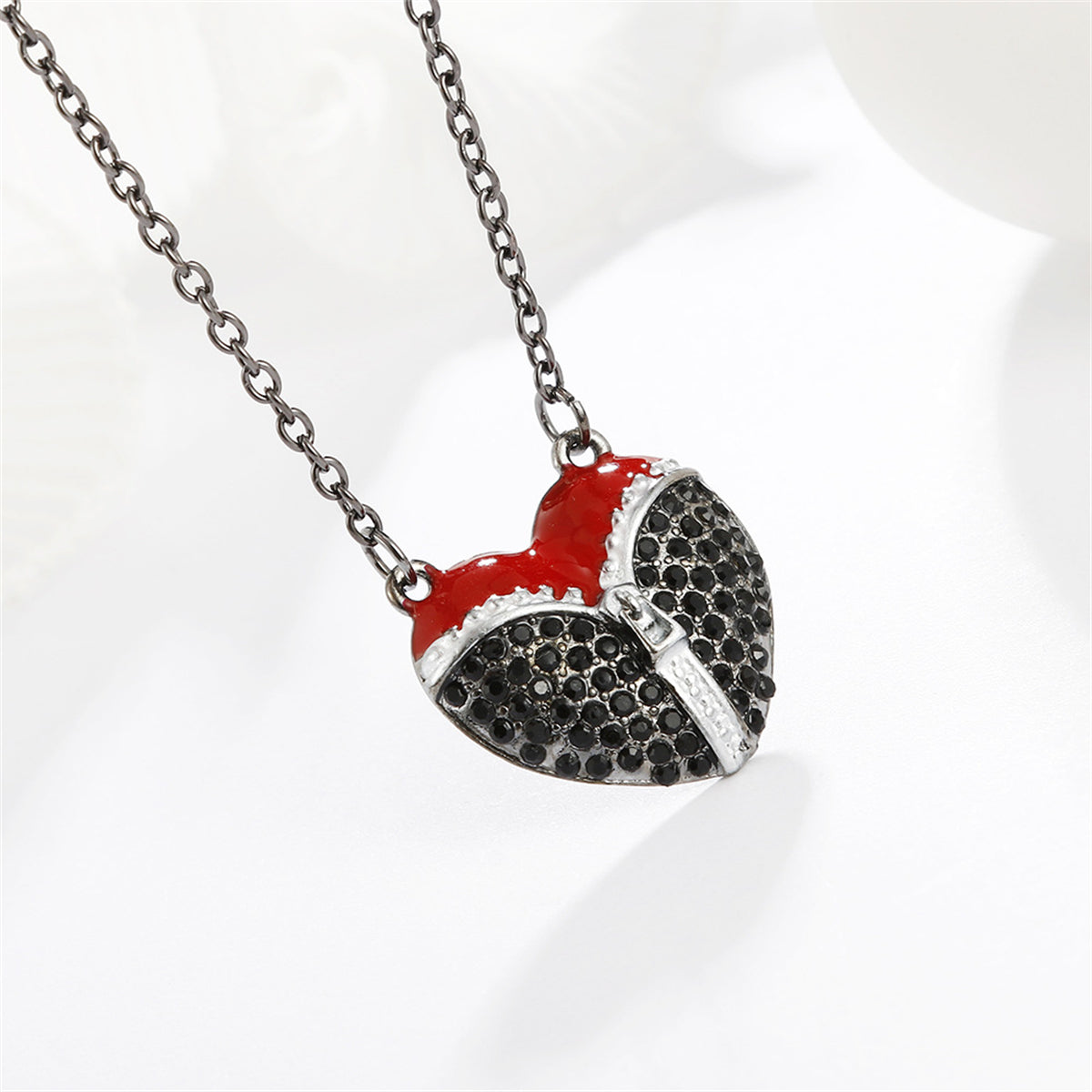 Black Cubic Zirconia & Red Enamel Heart Pendant Necklace