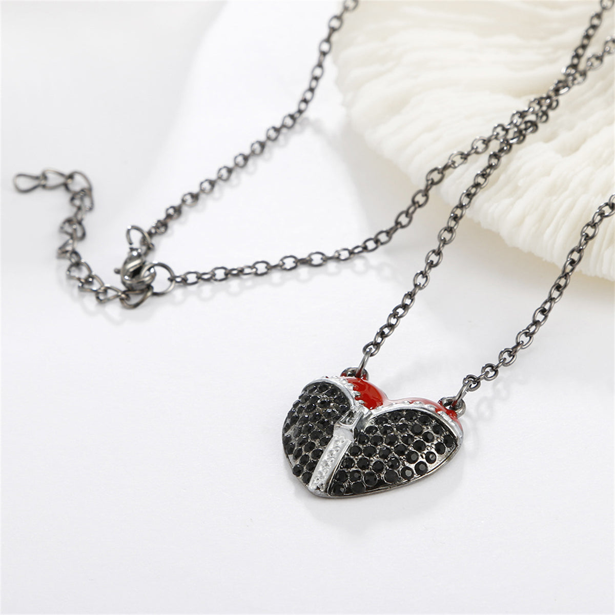 Black Cubic Zirconia & Red Enamel Heart Pendant Necklace