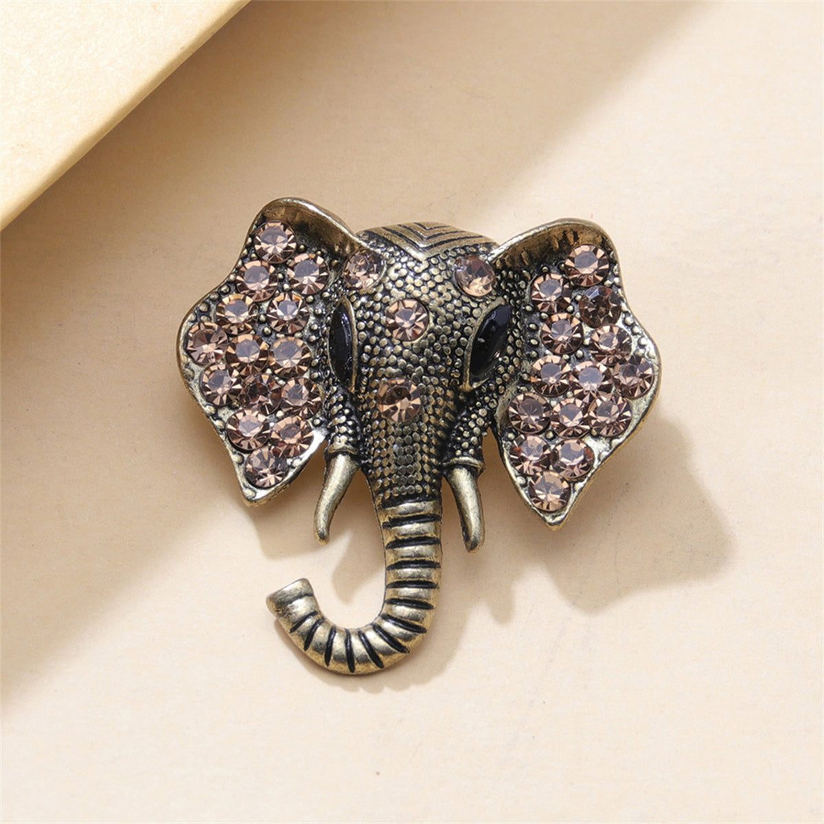Champagne Cubic Zirconia and 18K Gold-Plated Pavé Elephant Brooch, gold brooch pin, botanical inspired, side view